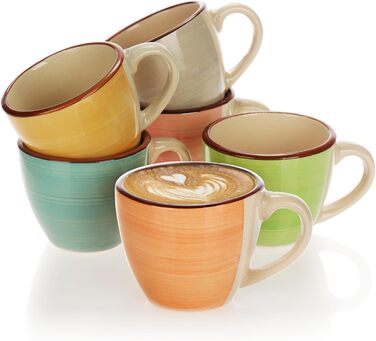 Набір з 6 керамічних чашок для еспресо Com-Four® об'ємом 125 мл - кольорові мокко-чашки ручної роботи для еспресо, мокко та рістретто (зелений/оранжевий/рожевий/синій/жовтий/сірий)