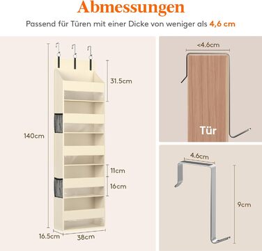 Органайзер для полиць LifeWit Türorganizer з 5 полицями та 4 кишенями, бежевий, до 20 кг