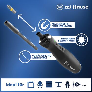 Електричний акумуляторний шуруповерт Wiha Zai Hause 3.6V Li-Ion з 8 біт, преміум якість, регулювання крутного моменту, LED-підсвічуванням та USB-C кабелем