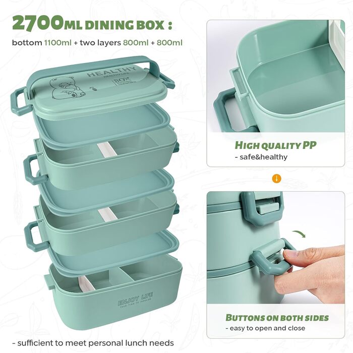 Бенто-бокс 2700 мл, 3-рівневий з виделкою та ложкою, 4-в-1, для їжі, зберігання продуктів, для чоловіків, жінок, студентів, мікрохвильова та посудомийна машини (Хакі, Легкоблакитний)