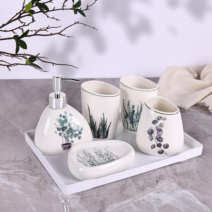 Bathroom Accessories Set, Gold Marble Look, Modern 6-Piece Bathroom Accessories Set, complete with soap dispenser, toothbrush holder, cup, tray, and countertop (Vegetal)