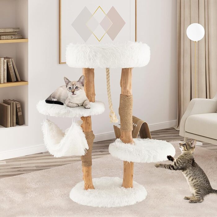 Дерев'яна кігтеточка SOARS для котів з 3-ма природними стовбурами, ліжко та плюшеві поверхні, з іграшковим м'ячиком та джутовим мотузком, багатоярусна, 59 x 49 x 110 см, білий колір