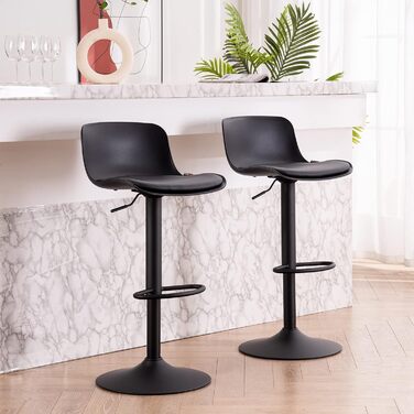 YOUNIKE Adjustable Bar Stools Set of 2 - Black Faux Leather Kitchen Bar Chairs with Backrest & Swivel - High Counter Stools for Kitchen Bar