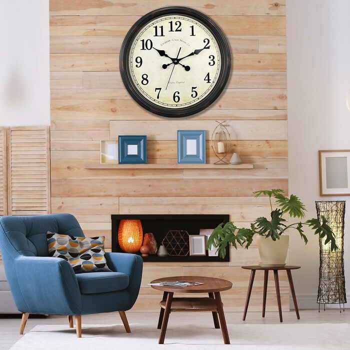 DIYZON Round Classic Wall Clock, Silent Non-Ticking, 40 cm High-Quality Quartz Vintage Clock, Large Number Retro Decorative Clock, Battery-Powered, Easy to Read for Home, Kitchen, Dining Room