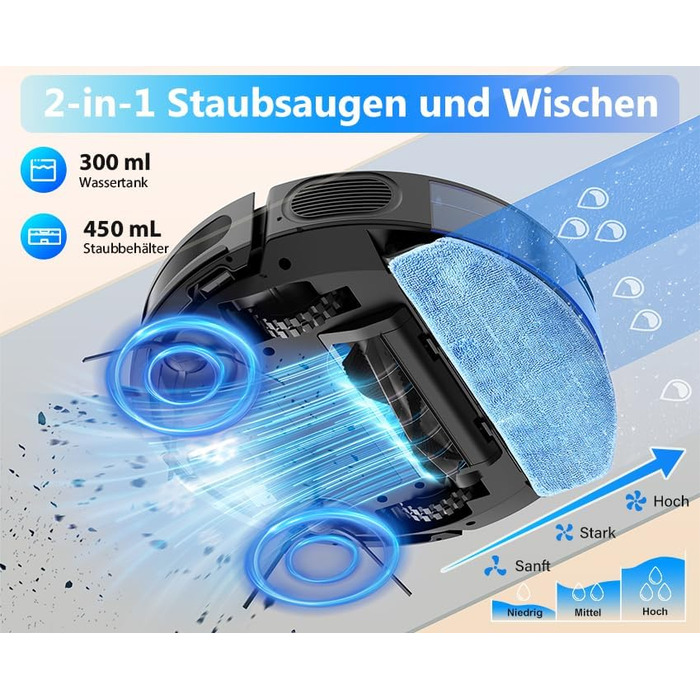Робот-пилосос 2-в-1 з функцією миття Tikom G8000 Max, 5000Pa, самостійна зарядка, Wi-Fi, 150 хв, для тварин, килимів, твердих підлог, чорний