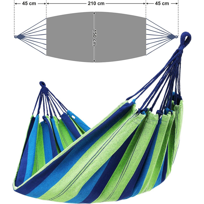 Гамак SONGMICS для 3-х осіб 210x150 см, смуги зелено-блакитні, вантажопідйомність 300 кг, для кемпінгу, туризму, саду, сертифікат TÜV Rheinland
