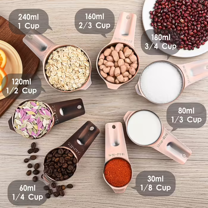 Measuring Cups and Spoons Set, Copper-Coated Measuring Cups and Spoons, Stainless Steel - 7 Measuring Cups and 9 Measuring Spoons, 1 Leveler, Kitchen Accessories for Baking and Cooking