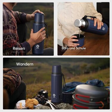 Термос Healter з чашкою 1л (72 години холод & 24 години гаряче) - термофляга для кави, чаю, термокружка з знімним дном та фільтром. Підходить для подорожей, офісу та школи (Зелений, Темно-синій)