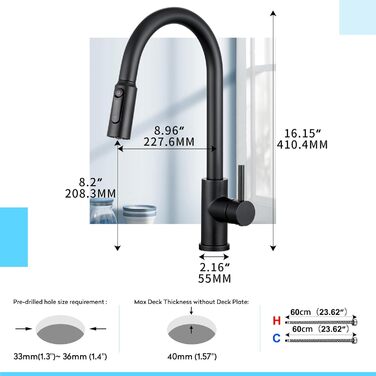 Кухонний змішувач CREA з висувною лійкою, 360° обертання, 3-х режимний, матовий чорний