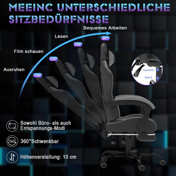 Devoko Massage Gaming Chair, Computer Office Chair with Footrest, Racing Gamer Chair 150kg Weight Capacity, 90-135° Adjustable Backrest, 360° Swivel, Gray