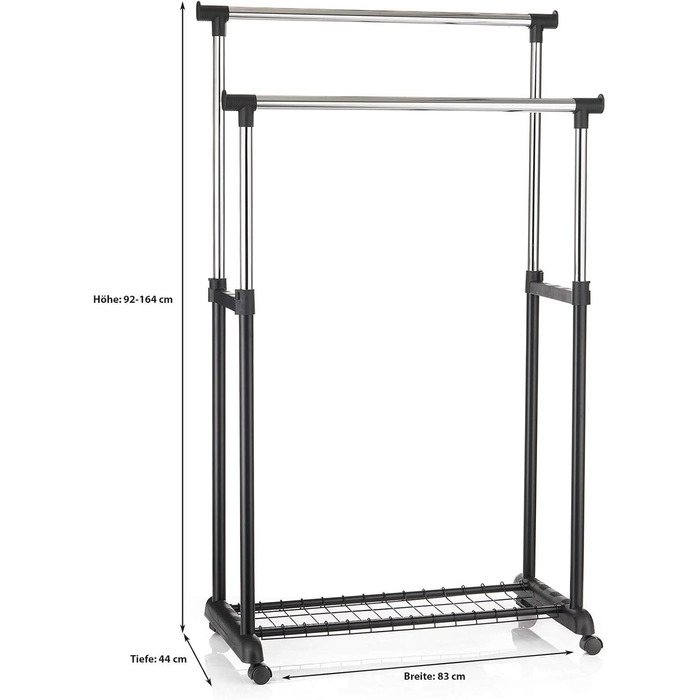 IDIMEX Wardrobe Trolley Grosso Clothes Rack Rolling Wardrobe Clothes Rack, with Shoe Storage, 2 Clothes Rails, Height Adjustable, Chrome-Plated Metal Pipe, in White (Black)