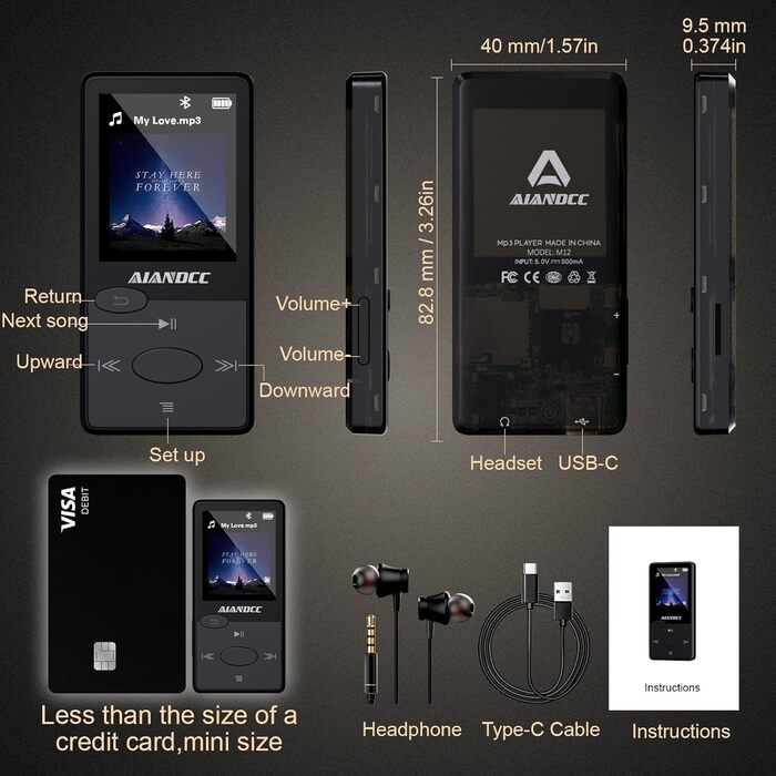 MP3-плеєр Bluetooth 5.3 HiFi, FM-радіо, 32GB, з навушниками, підтримка TF-карт (Чорний)