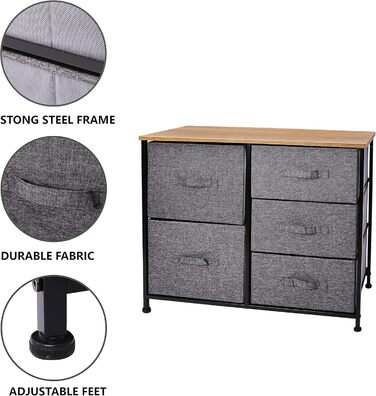 Monter Chest of Drawers, Narrow Chest of Drawers, Cabinet with 5 Large Drawers, Fabric Drawer Organizer, Clothes Storage, Storage Cabinet, 85x30x70cm, Sturdy Metal Frame, Grey