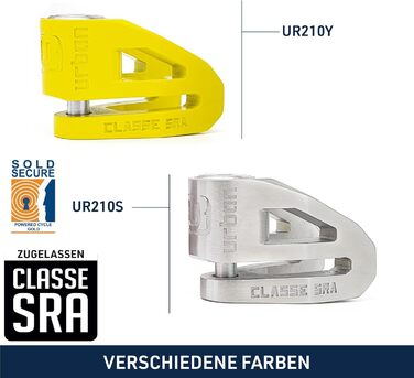 Замок на диск URBAN Security UR210S SRA для мотоцикла, нержавіюча сталь, подвійне блокування, Ø10 мм, з нагадувальним тросом 140 см