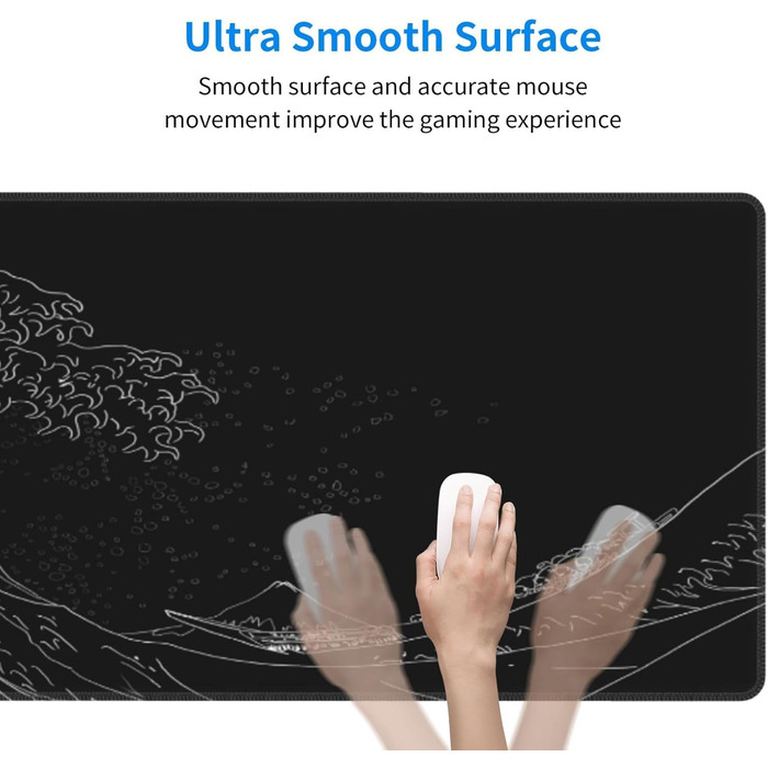 Килимок для миші для геймінгу, чорний, з принтом «Хвиля Канадзи», 80 x 30 см, з гумовою основою, водонепроникний, з прошитими краями