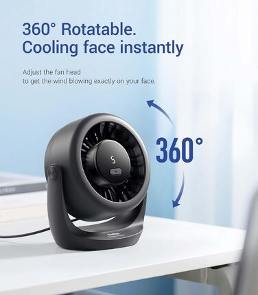 USB Turbo вентилятор для столу Diveblues TurboBreeze Klassisch: тихий, потужний, з LED-дисплеєм, 5 швидкостей, 360° обертання, портативний для дому, офісу та відпочинку – чорний