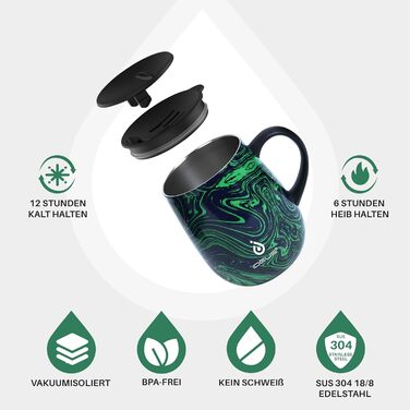 Кружка для кави та чаю Ideus 470 мл з подвійними стінками, нержавіюча сталь, з неслизьким ручним тримачем та кришкою-відкидником, великий об'єм (Трав'яний зелений)