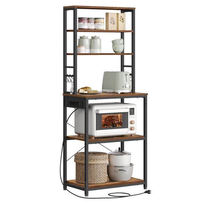 Стелаж кухонний VASAGLE з розетками, 6 полиць, гачки, сталевий каркас, 40x60x167 см, золотий дуб + білий