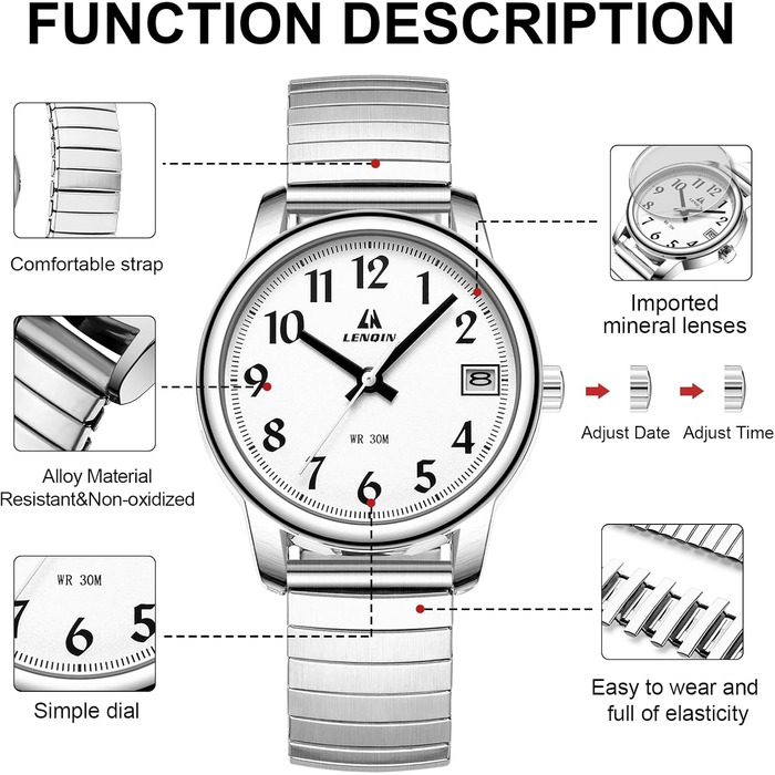 Жіночий годинник LN LENQIN: Водонепроникні годинники для жінок з нержавіючої сталі, кварцовий механізм, аналоговий дисплей, регульований ремінець, сріблястий колір, білий циферблат