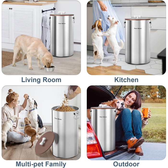 Органайзер для корму для собак 35 lbs з нержавіючої сталі з дерев'яним кришкою та ручкою з кераміки, великий контейнер для корму для собак та котів, зберігає свіжість, легко миється