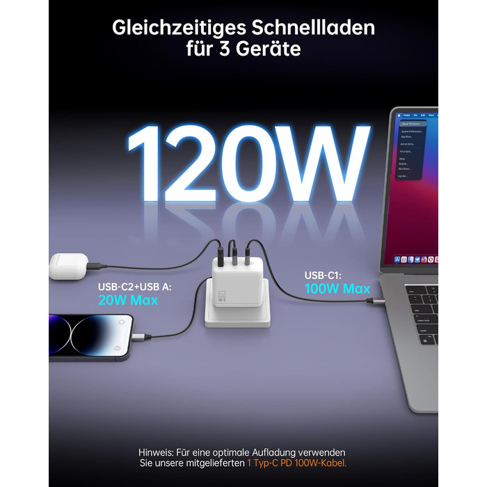 Зарядний пристрій USB-C 120W NOVOO GaN III 3-порти, кабель USB-C PD 100W для MacBook Pro 14