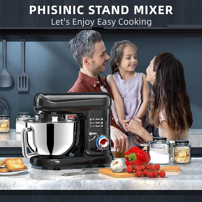 Кухонна машина-міксер з чашею 6.5л з нержавіючої сталі, 2000W, 6 швидкостей, для тіста та міксування, з набором насадок (вічорник, гак для тіста, вінчик) та захистом від бризок, чорна