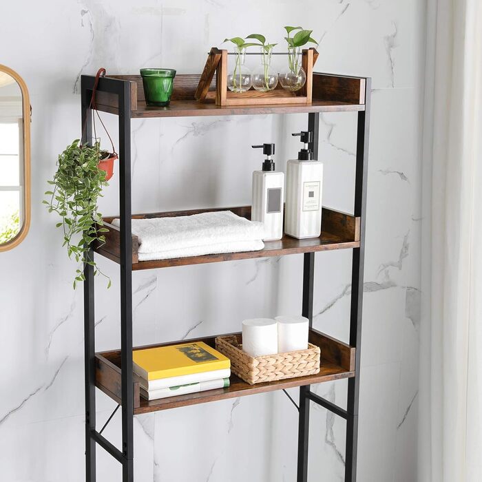 VASAGLE Toilet Shelf, 3 Tiers, Bathroom Shelf, Space-Saving, Easy to Assemble, for Laundry Room, Industrial Style, Rustic Brown and Black, BTS002B01