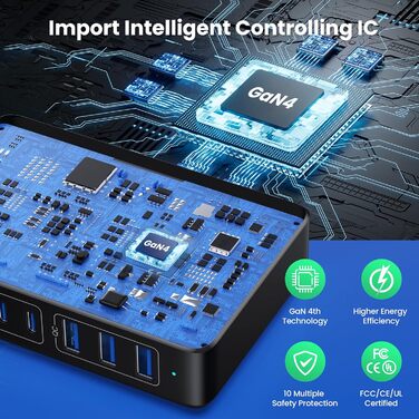 Зарядний пристрій USB C 300W, 8 портів, швидка зарядка 100W PD PPS для ноутбука, MacBook, iPad, iPhone 16/15/14, Samsung – Чорний