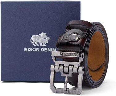 Чоловічий шкіряний ремінь BISON DENIM класичний коричневий, міцна срібляста пряжка, довжина 135 см (для талії 114-120 см)