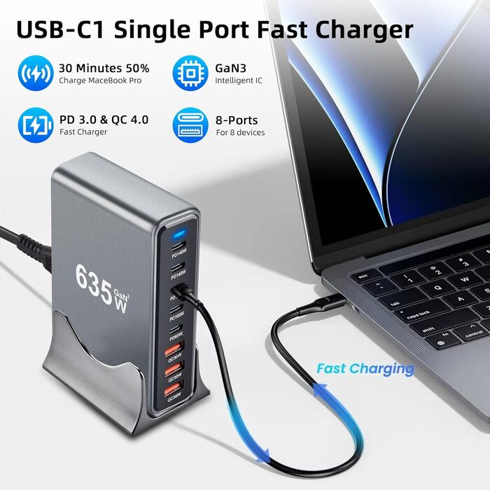 Зарядний пристрій Arceli USB-C 635W GaN III 10 портів: 5x USB-C PD + 5x USB-A QC4.0 для iPhone 16/15/14 Pro Max, Samsung Galaxy, MacBook, iPad, ноутбуків