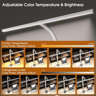 LED лампа настільна з авторегулюванням яскравості, 80 см, кріплення-прищіпка, регульована колірна температура, захист для очей, повний спектр денного світла, таймер, білий колір