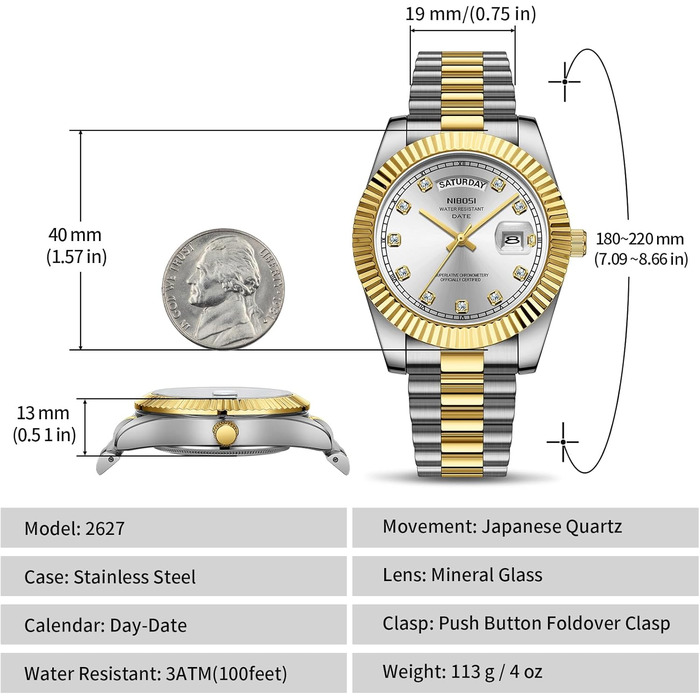 Годинник чоловічий NIBOSI 2627-gold Silver: кварцовий годинник з нержавіючої сталі, водонепроникний, з датою та календарем, бізнес-стиль