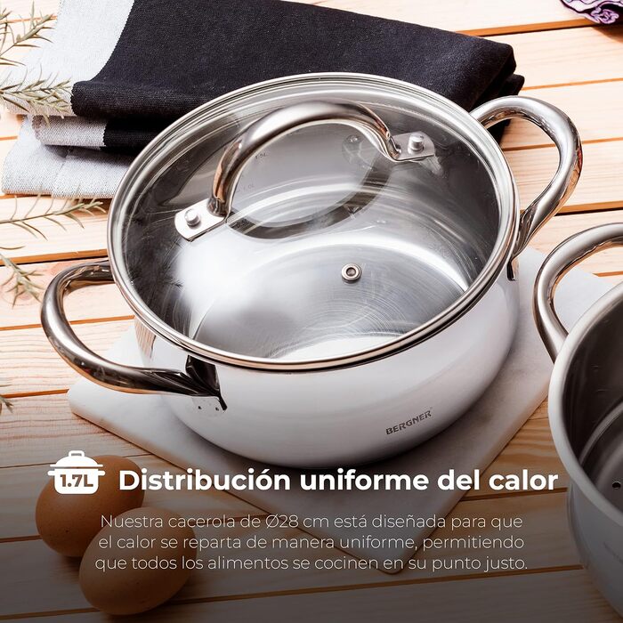 Каструля BERGNER Gourmet 8 л з кришкою, нержавіюча сталь, для всіх типів плит, ергономічні ручки