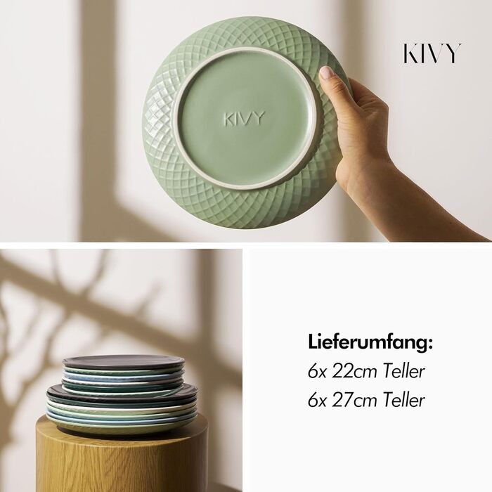 KIVY Dinnerware Set for 6 People [Scratch & Dishwasher Safe] 6x27cm + 6x22cm - Plate Set 12-Piece Modern - Dinnerware Set - Combination Service - Green Dinnerware Set - Dinner Plates - Dessert Plates - Dinnerware