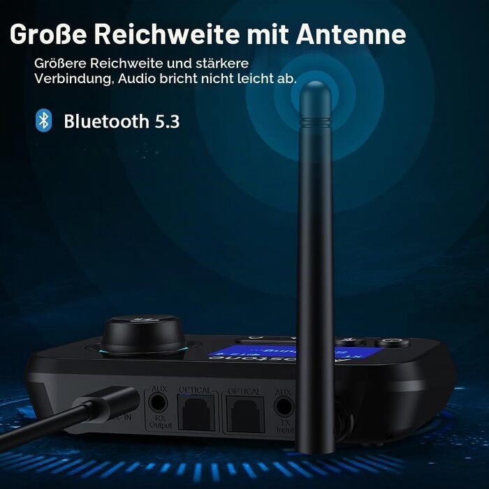Bluetooth 5.3 адаптер 3-в-1: передавач та приймач аудіосигналу для 2 навушників, з Bypass-перемикачем та регулятором гучності (AUX, Optical, RCA) для ТВ, ПК, стереосистем, чорний