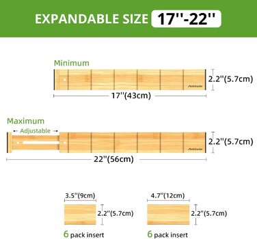 ANTOWIN 4 Pack Expandable Drawer Dividers, 5.7CM, extends from 43CM to 56CM, Drawer Organizers for Kitchen, Bedroom, Office, Bathroom (Natural)