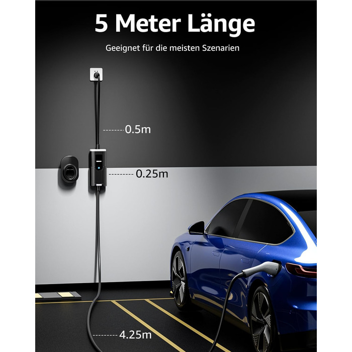 Кабель для зарядки електромобіля Bokman Typ 2 з CEE роз'ємом, 5 метрів, 6-16A, 11 кВт, трифазний, IP65 водонепроникний, портативний зарядний пристрій для електромобілів, мобільна зарядка, станція зарядки, сумісний з IEC 62196-2, з сумкою та мікрофіброю