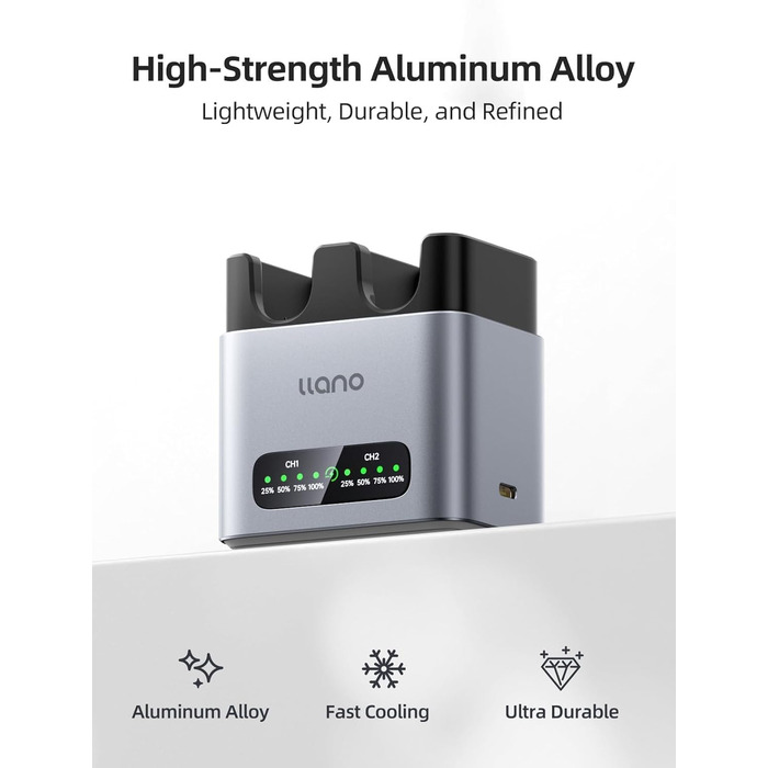 Зарядний пристрій LLANO 20W для акумуляторів Sony NP-FZ100: A7III, A7IV, A6700, FX3, FX30, A9, A7C, A7CII, A7RV, A7RIII, A6600, ZV-E1, ZV-E10II, A1, FX2 – USB-C, LED-дисплей, корпус з алюмінію