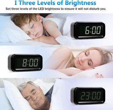 Цифровий будильник Timegyro з LED дисплеєм, акумуляторний, компактний, для подорожей та дому, 3 рівні яскравості, великий LED дисплей 1.2', чорно-білий