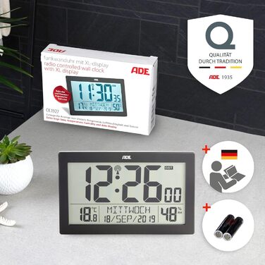 Digital Radio Clock with Large XL Display | Calendar | with Temperature Display & Hygrometer | Wall Clock | Radio Alarm Clock with 2 Alarm Times and Snooze Function | (--)