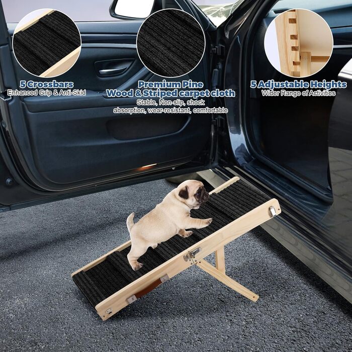 Складана дерев'яна пандус для собак – для ліжка, дивана, авто. Регульована висота 25-52 см, довжина 83 см, ширина 35 см, антиковзка поверхня