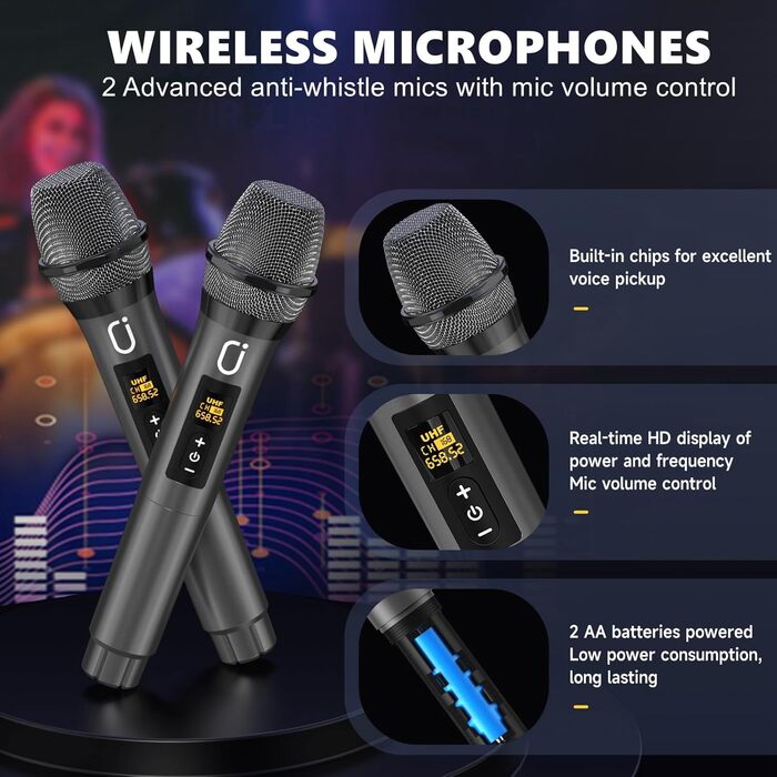 Караоке машина MS80 з 2 мікрофонами, портативна колонка з LED-підсвіткою, Bluetooth, USB/TF-карта, AUX/FM, система PA, TWS