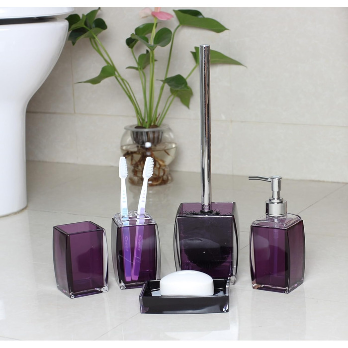 Bathroom Accessories, 5-Piece Set, Resin/Acrylic, Complete Set, Lotion/Soap Dispenser, Soap Dish, Toothbrush Holder, Cup, Toilet Brush and Holder, Modern Bathroom Decor and Gift Set, (Purple)