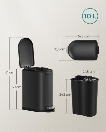 Сміттєвий кошик для ванної кімнати SONGMICS ISLAND 10 л з кришкою Soft-Close, сталевий, чорний (LTB10WT)