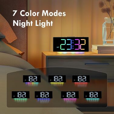 Цифровий LED будильник з RGB підсвіткою (7 кольорів), мережевий будильник з 2 сигналами, функцією Snooze, регулюванням гучності та яскравості, формат 12/24г, багатоколірний