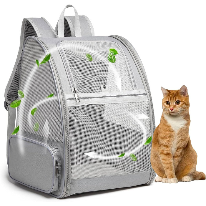 Рюкзак для кота/маленької собаки, переноска для тварин, дихаючий, складаний, з вікном та страхувальним ремінцем, сірий (до 8 кг кота, до 6 кг собаки)