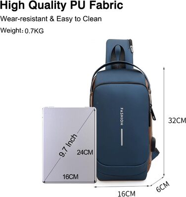 Сумка-слінг FANDARE 2026 з USB-зарядкою, захистом паролем та водонепроникним корпусом. Ідеальна для подорожей, прогулянок та бізнесу. Кілька відділень, зручна через плече, блакитна.