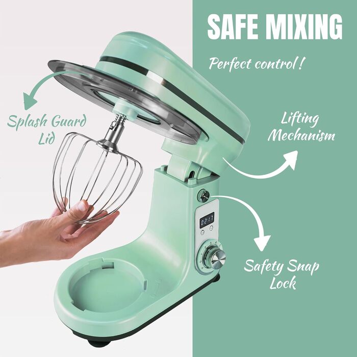 Кухонна машина Bestron Super Silent (65db) 4-в-1 з DC-двигуном, 6 л чаша, гак для тіста, вінчик, лопатка, 6 швидкостей + Pulse, м'ятний колір