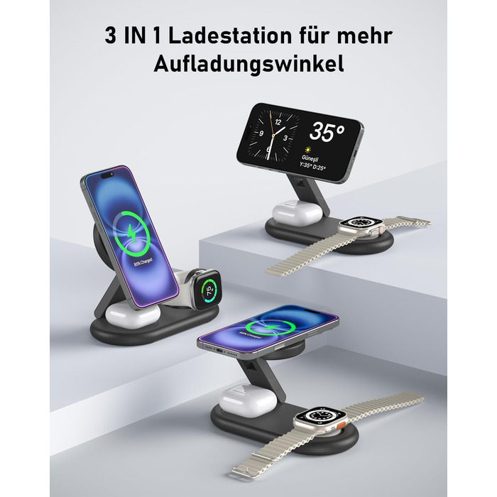 Зарядна станція 3-в-1 для Apple Watch та iPhone з MagSafe, сумісна з iPhone 17, 16, 15, 14, 13, 12, AirPods Pro (білий/чорний)