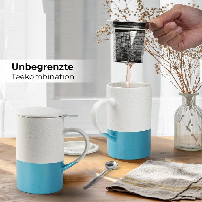 Набір чайних чашок Miamio 2 x 500 мл з кришкою та ситом, з чайним ситечком та ложкою, для заварювання листового чаю, подарунок для жінок, безпечно для мікрохвильової печі та посудомийної машини (блакитний)